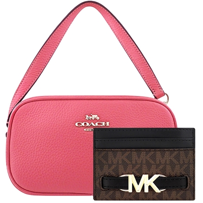 COACH 桃紅色JAMIE荔枝紋皮革手提包+MICHAEL KORS Reed 黑色LOGO PVC證件名片夾