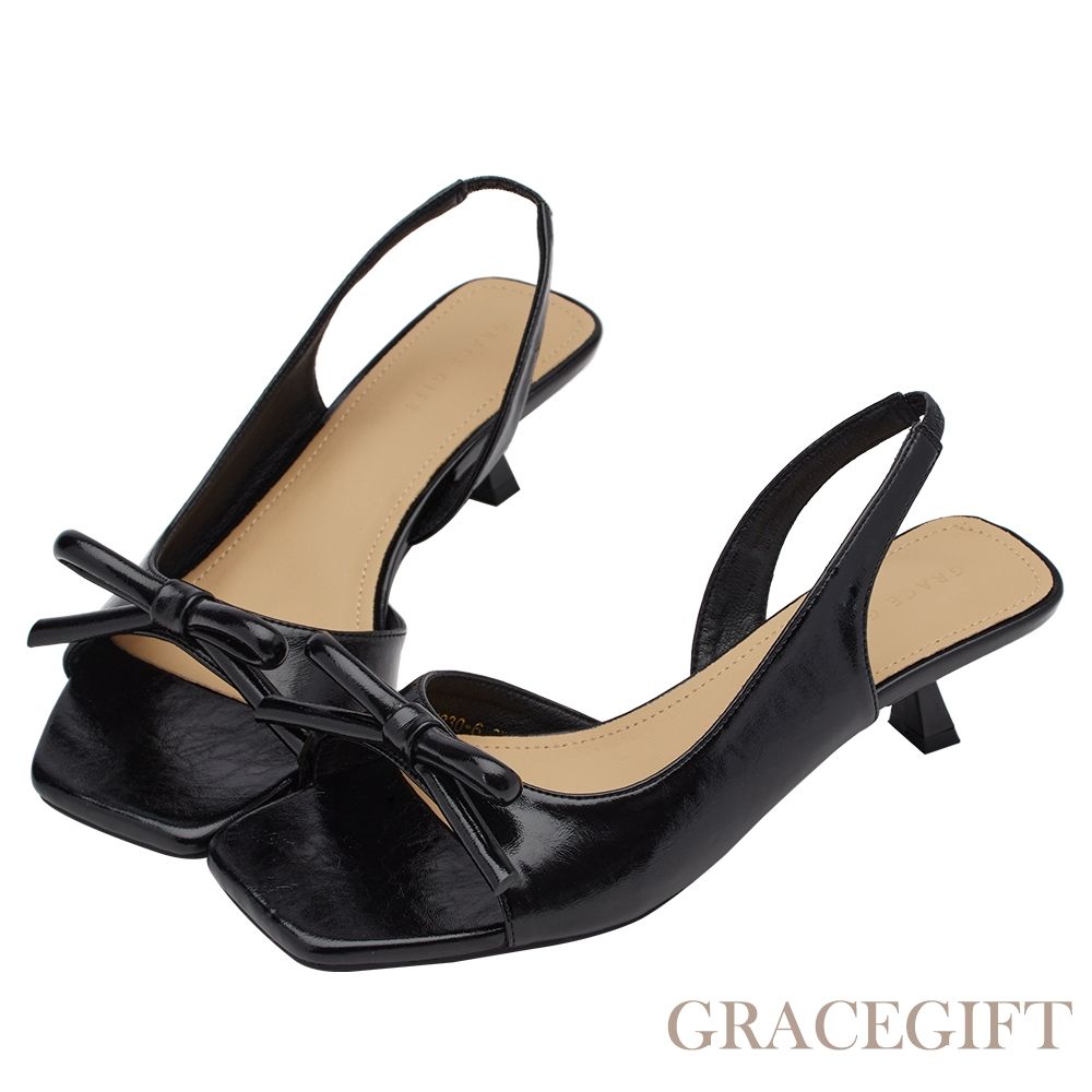 【Grace Gift】法式柔感蝴蝶結方頭細跟涼鞋 黑