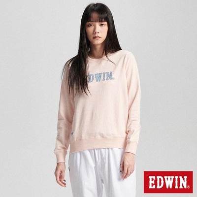 EDWIN 女裝 再生系列 CORE 刺仔繡拼布LOGO厚長袖T恤-淡粉紅