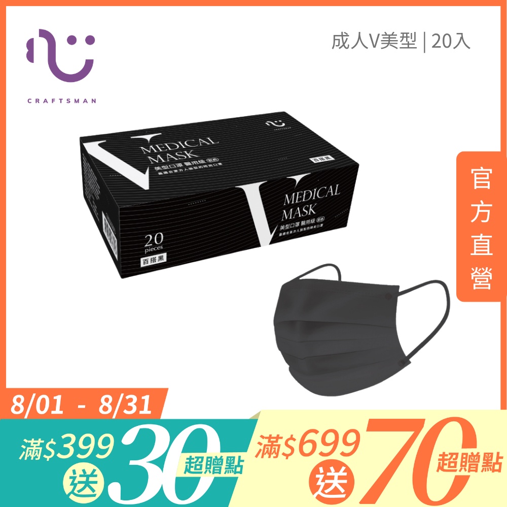 【匠心】成人平面醫用口罩,V美型系列 百搭黑 20入/盒