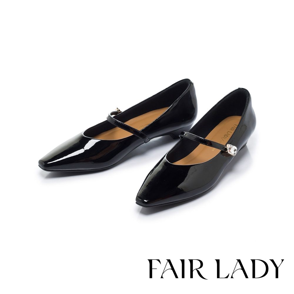 FAIR LADY 優雅小姐 璀璨方鑽優雅漆皮小方頭船型跟鞋 漆黑 (553273)