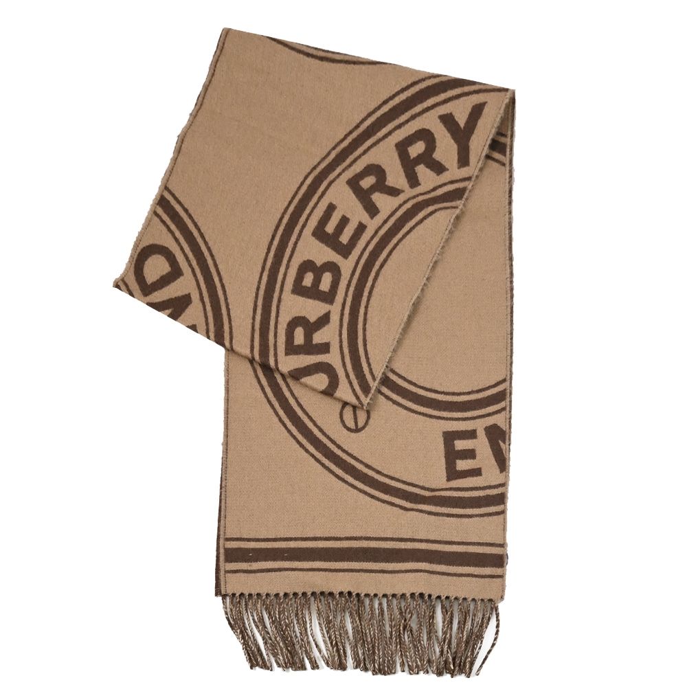 BURBERRY 品牌LOGO圓標造型羊毛流蘇雙面長圍巾/披肩(咖)