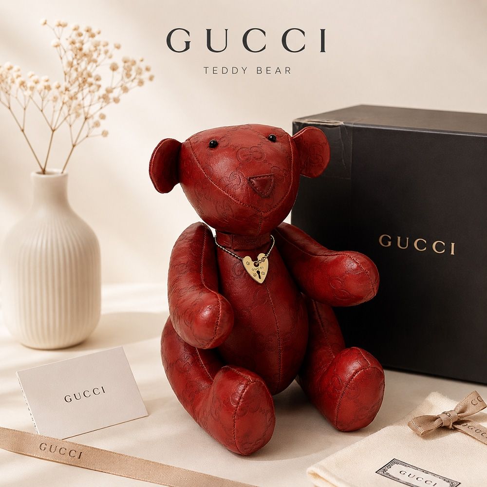 (珍藏中古品)GUCCI 古馳 Guccissima 雙G壓紋皮革愛心鎖紅色泰迪熊