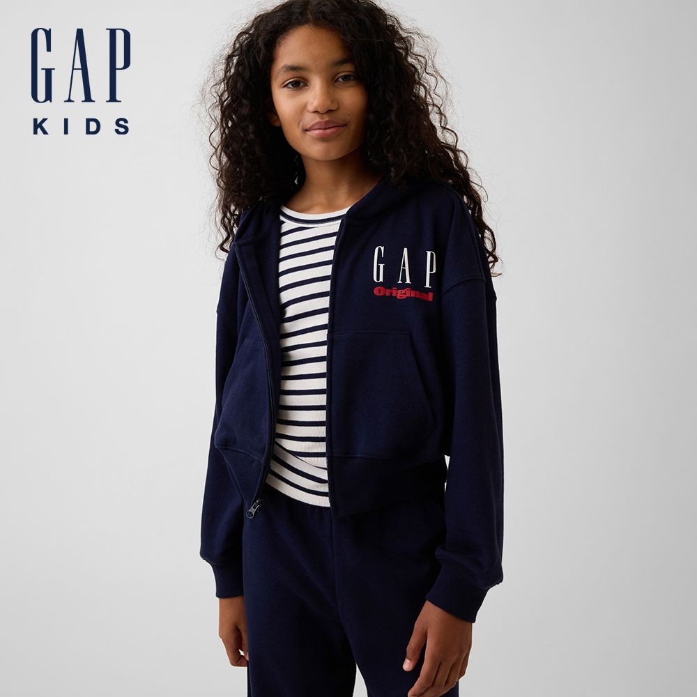 【GAP】兒童VintageSoft毛圈布寬版Gap Logo拉鍊連帽外套-海軍藍(907410) (海軍藍)