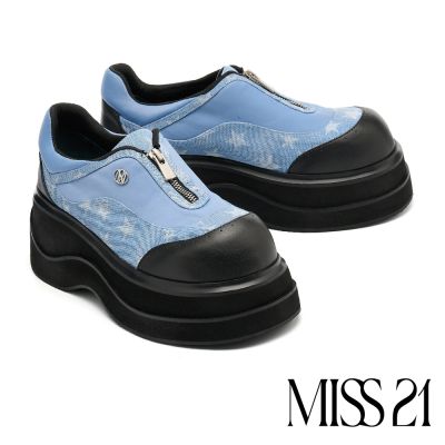 厚底鞋 MISS 21 叛逆街頭星星異材質拉鍊LOGO大頭厚底鞋-藍