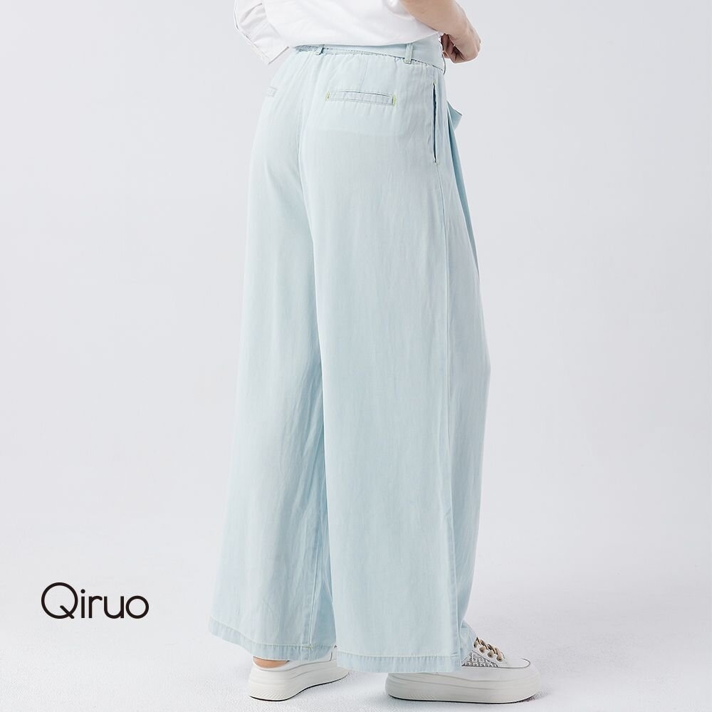 【Qiruo 奇若】春夏專櫃水藍色寬褲2067C 布料滑順蝴蝶結