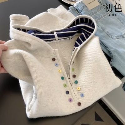 初色 韓系撞色彩色排釦裝飾半拉鍊連帽領長袖寬鬆針織帽T上衣女上衣-花灰色-17360(F可選)