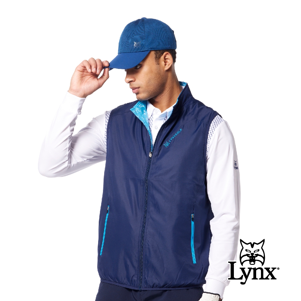 【Lynx Golf】男款防風保暖俏皮高爾夫元素雙面穿Lynx Golf山貓繡花無袖背心(三色) (水藍/深藍色)