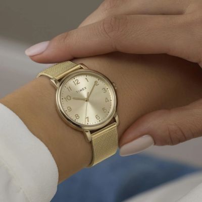 TIMEX 天美時 OG 38毫米 太陽紋錶盤 不鏽鋼網狀錶帶脘錶(金 TXTW2Y68900)
