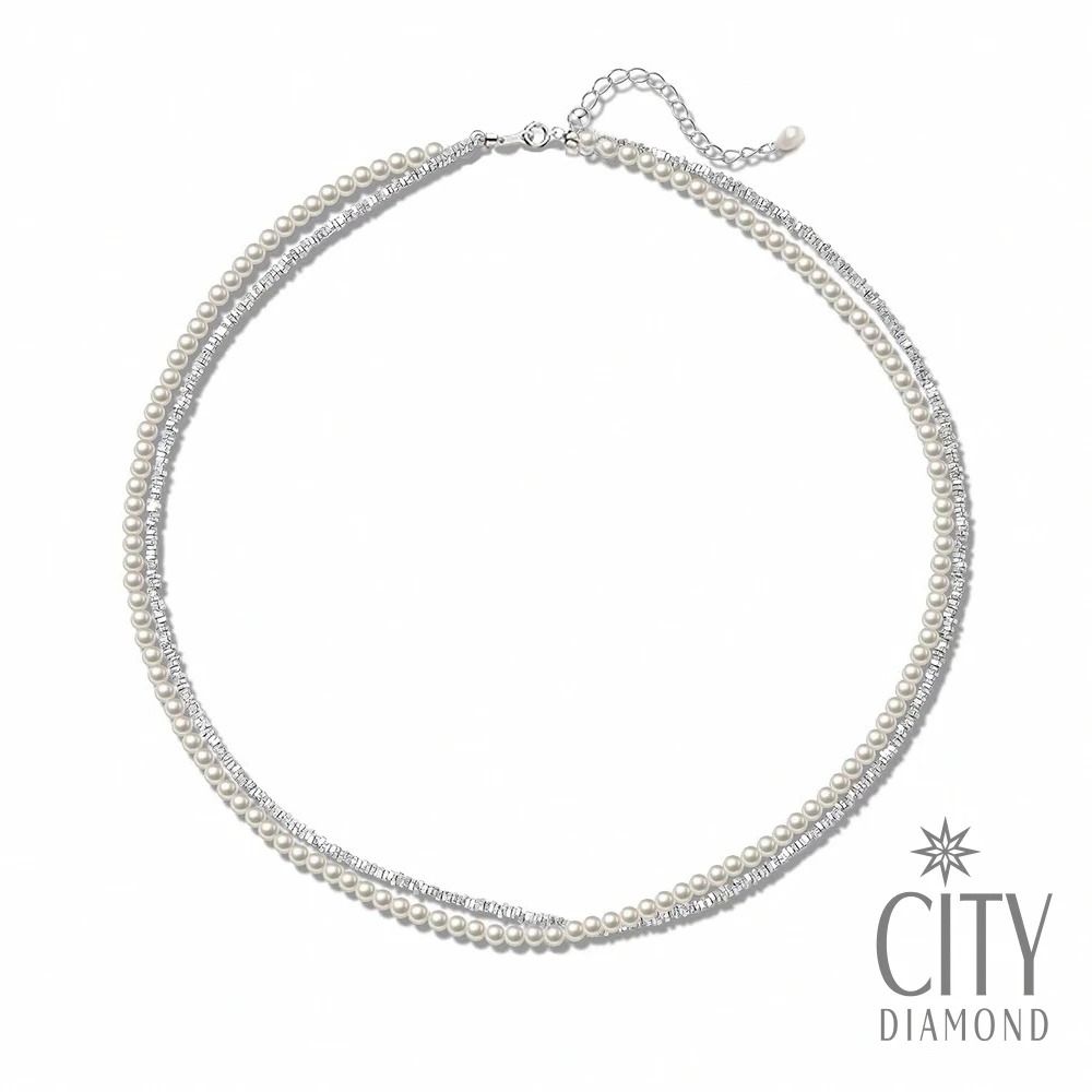 【City Diamond 引雅】天然米粒珍珠3-4mm碎銀雙層造型伸縮項鍊(珠潤月詠系列)