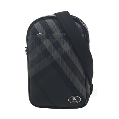BURBERRY Grid 盾形格紋單肩包(炭灰色