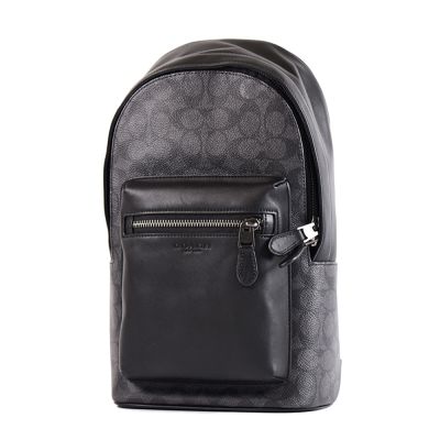 COACH 男款 West 緹花LOGO防刮拚小牛皮單肩背胸包-黑色