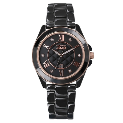 NATURALLY JOJO羅馬數字菱格紋黑麵晶鑽陶瓷腕錶-JO96995-88R(高雅黑/36mm)