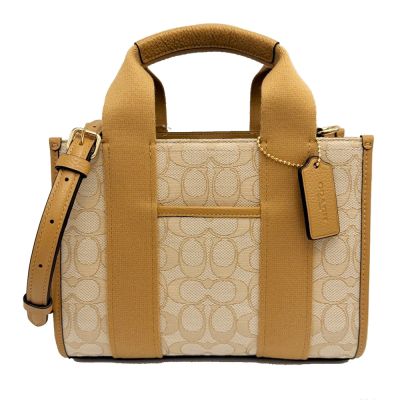 COACH 經典C LOGO緹花織布拚牛皮手提/斜背兩用琴譜方包(淺茶杏)