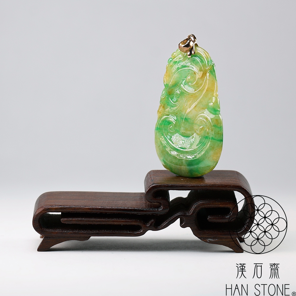 漢石齋】天然翡翠A貨如意黃K金墜頭玉佩吊墜皇家綠種(31*49*4.5mm) | 漢