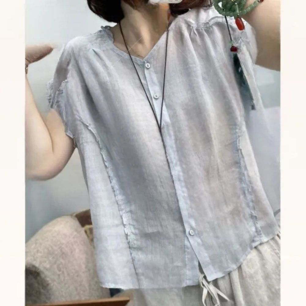 【LANNI 藍尼】★輕透荷葉邊棉麻感襯衫(女裝/女上衣/休閒/優雅/日系/通勤) (灰藍)