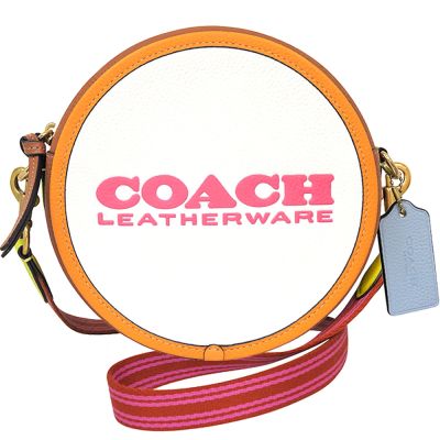 COACH 專櫃款象牙白色荔枝紋皮革撞色圓形斜背包