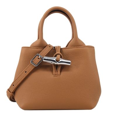 LONGCHAMP LE ROSEAU系列金屬竹節粒面牛皮手提/斜背兩用包(迷你/核桃)
