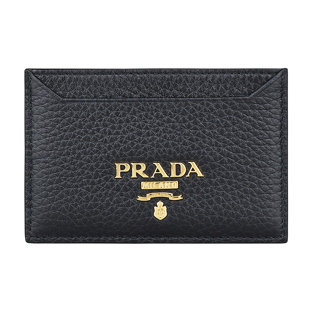 PRADA 普拉達  Vitello金字LOGO荔枝紋牛皮開放卡片夾(黑)