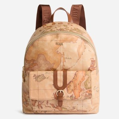 Alviero Martini 義大利地圖包 超輕量尼龍 前口袋拉鍊後背包31cm-地圖黃x咖啡色