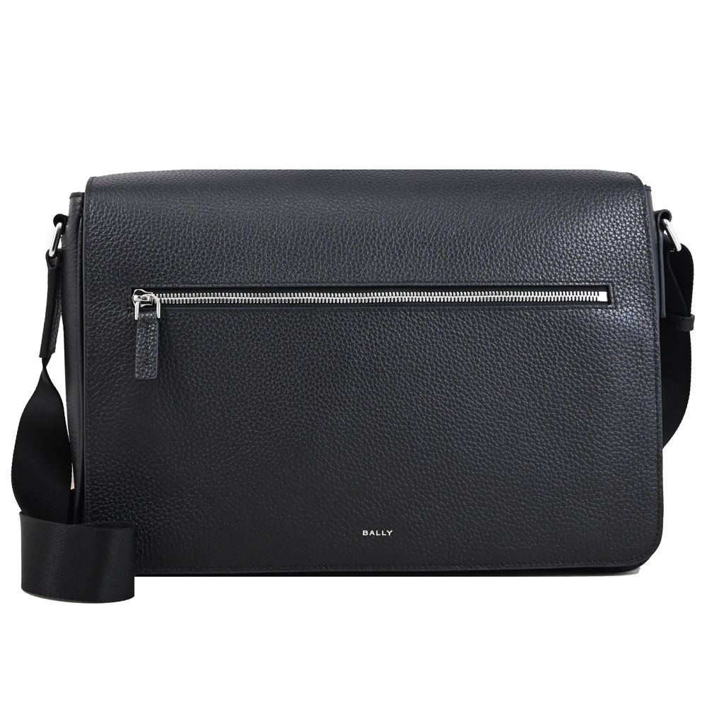 BALLY YORK POUCH 經典燙印LOGO荔枝牛皮翻蓋式商務斜背包(黑)