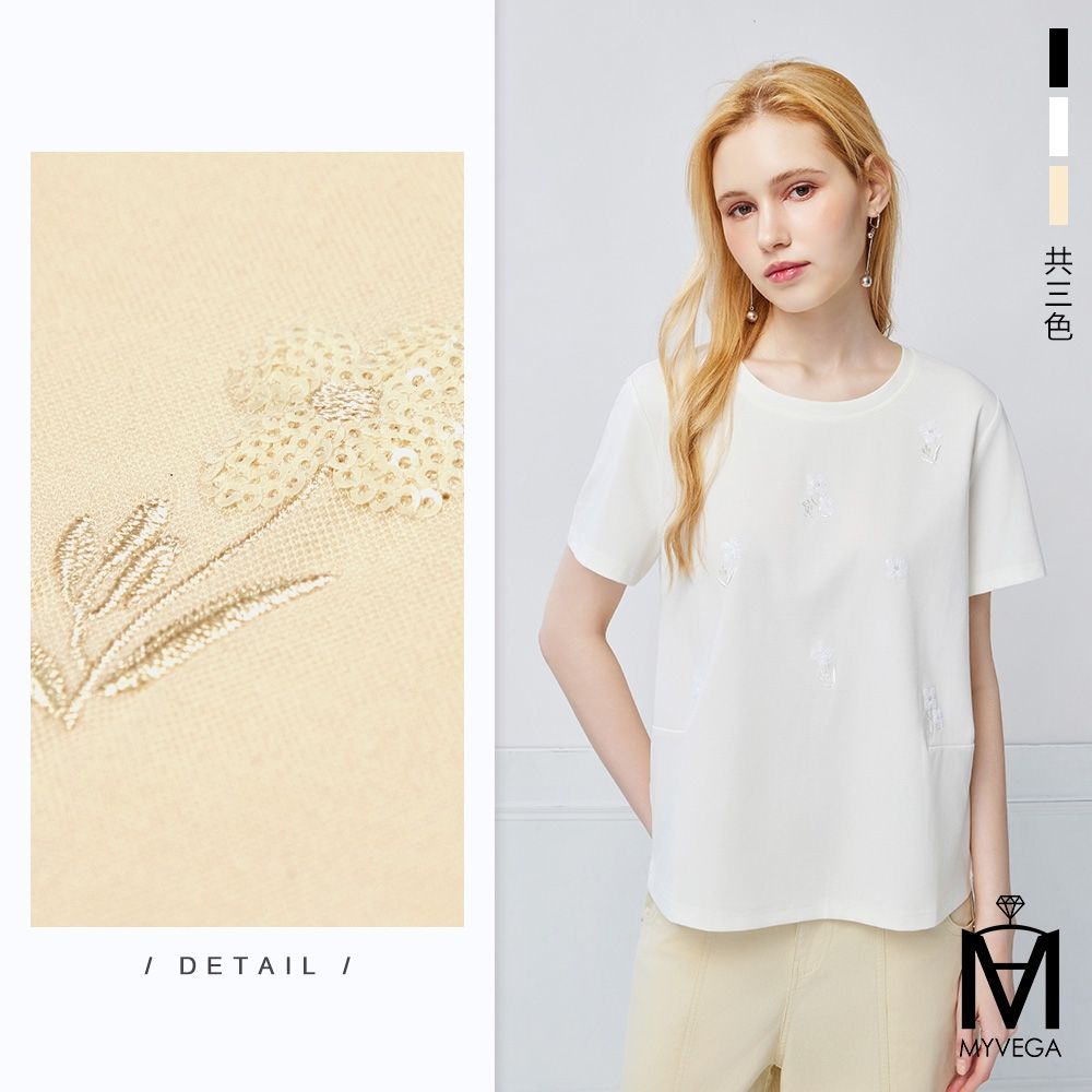 MYVEGA麥雪爾 MA嫘縈立體亮片花朵刺繡短袖T恤上衣-共三色 (白)