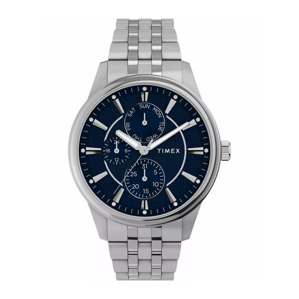 TIMEX 天美時 Chicago 45毫米 多功能小錶盤 不鏽鋼錶帶腕錶(藍x銀 TXTW2Y21500)