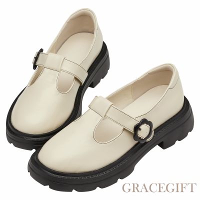 【Grace Gift】日系可愛小花扣T字輕量瑪莉珍鞋 米白