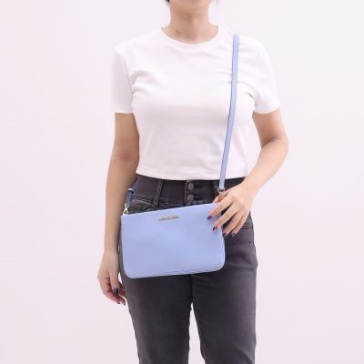 MICHAEL KORS JET SET 金屬LOGO皮革雙層斜背包(淺藍)