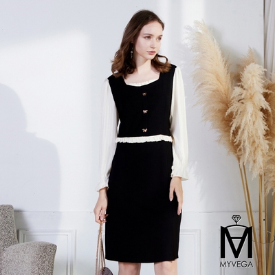 MYVEGA麥雪爾 MA異材質拼接雪紡袖下擺前開岔長洋裝-黑