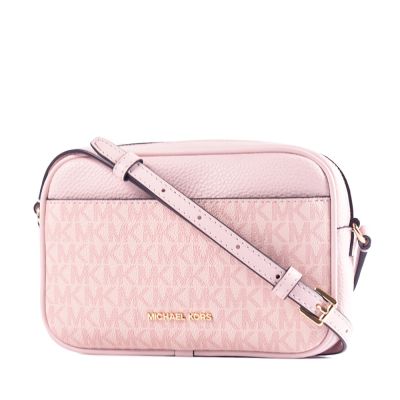 MICHAEL KORS 緹花LOGO防刮拉鍊斜背相機包-霧粉/小