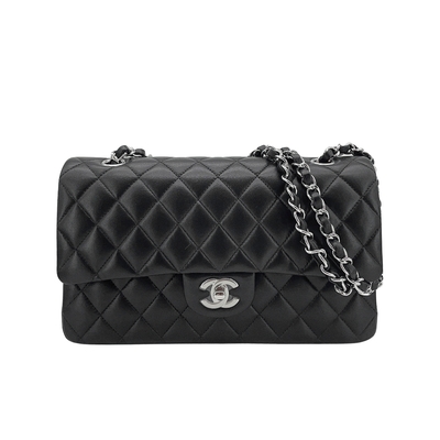 CHANEL香奈兒 CHANEL 香奈兒 展示品 經典雙C菱格羊皮銀鍊翻蓋coco斜背包-25cm(A01112-黑)
