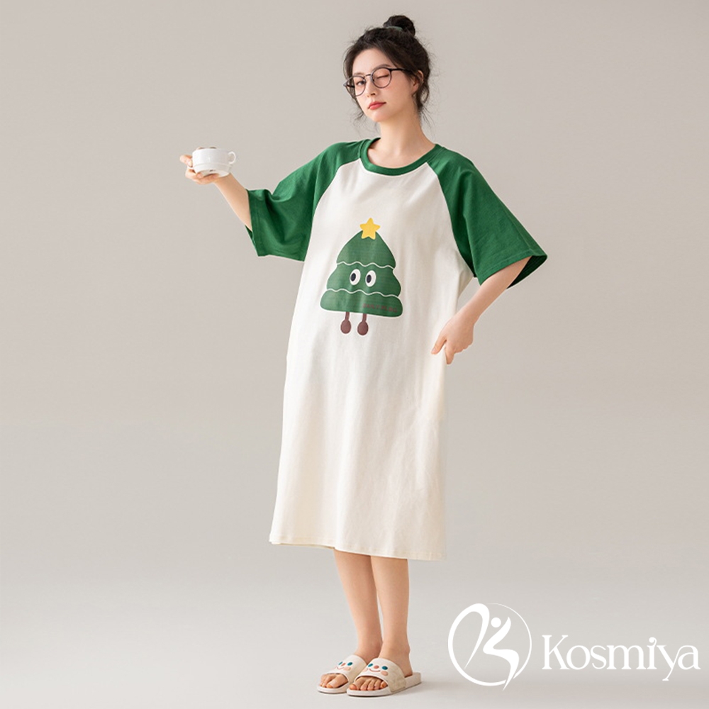 【Kosmiya】1件 純棉印花短袖睡裙/女睡衣/睡衣/居家服/連身洋裝/洋裝(6色可選/均碼/加大碼) (綠聖誕樹(646))