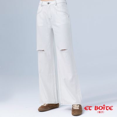 ETBOITE 箱子 BLUE WAY – 無彈破損感弧線棉麻白牛仔寬褲