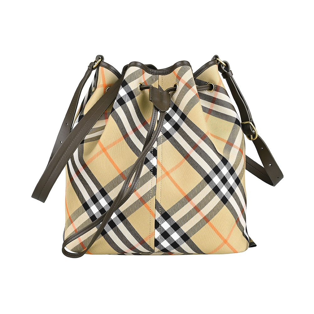 BURBERRY內裡燙金LOGO沙色格紋帆布搭小牛皮飾邊抽繩束口肩背斜背水桶包(中/沙色)