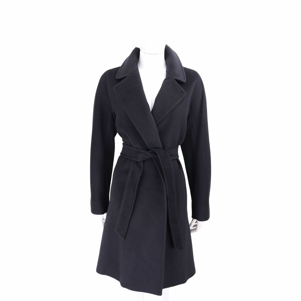 Max Mara-WEEKEND CORTE 翻領明線邊 黑色純羊毛長袍式綁帶大衣 外套