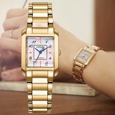 CITIZEN 星辰L系列 光動能 白蝶貝 方形 金色 簡約女錶 送禮 禮物 推薦 EW5602-81D