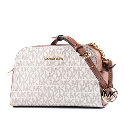 MICHAEL KORS Ashton 緹花LOGO防刮拉鍊斜背相機包-香草白