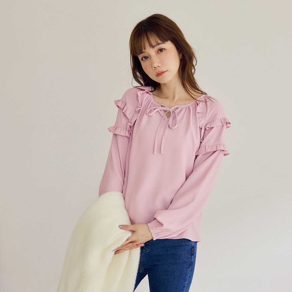 OB嚴選中大尺碼-氣質前綁帶荷葉造型澎袖上衣《AB17751》 (淺粉)