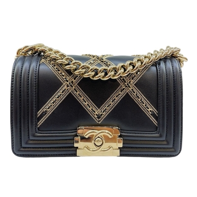 CHANEL香奈兒 CHANEL 香奈兒 BOY系列 皮穿鍊菱格紋 金鍊肩背包(黑色金釦/20cm)
