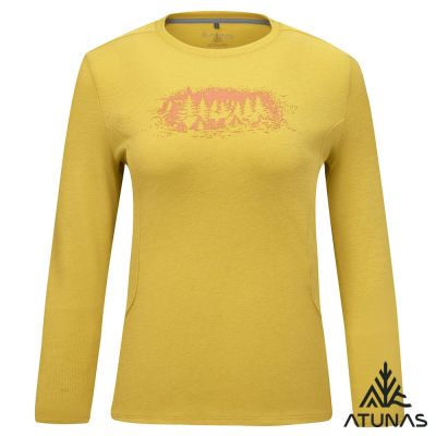 【ATUNAS 歐都納】女款長袖羊毛T恤A1TS2631W黃棕/透氣排汗/印花圖T/大尺碼
