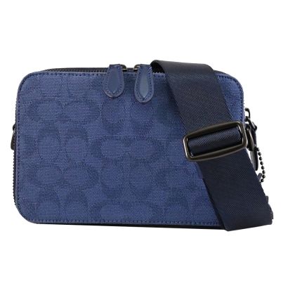 COACH CHARTER SIGNATURE緹花雙層拉鍊斜背包(藍)