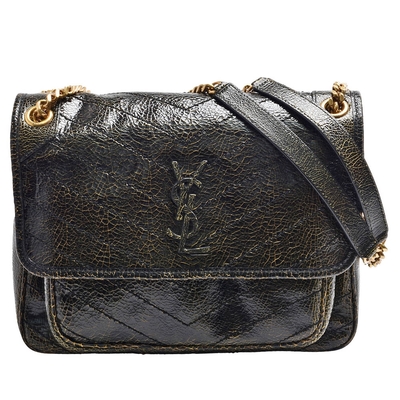 YSL 經典NIKI系列同色金屬LOGO裂紋小牛皮翻蓋肩/斜揹包(中 黑/金色)