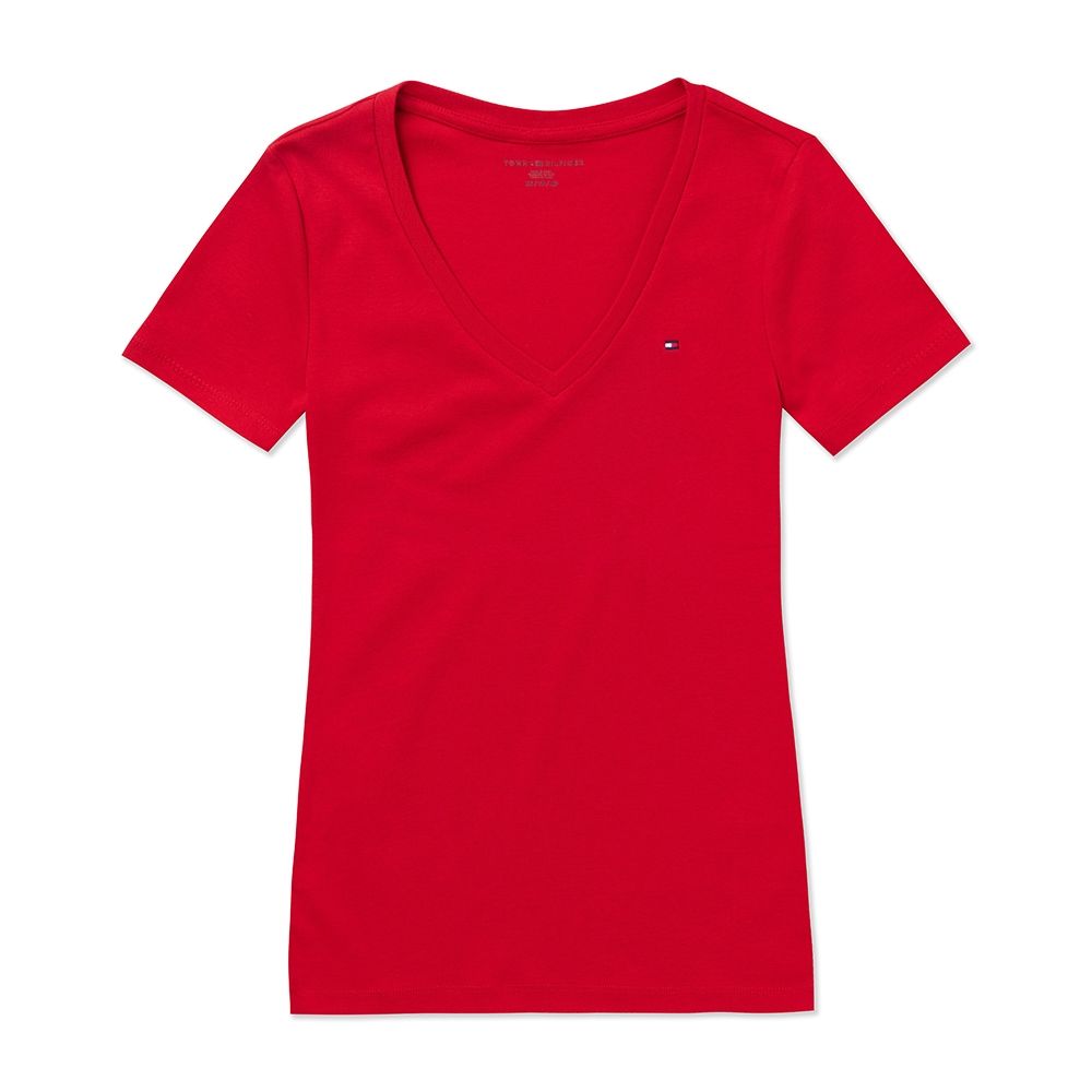 TOMMY 熱銷V領Logo素面短袖T恤(女)-紅色