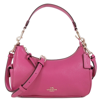 COACH PENNIE 25 金馬車LOGO鵝卵石紋皮革雙側口袋牛角兩用包(桃花粉色)
