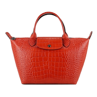 LONGCHAMP LE PLIAGE CUIR系列亮面鱷魚紋牛皮手提水餃包(小/柳橙)