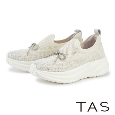 TAS 飛織網紗燙鑽厚底休閒鞋 米色