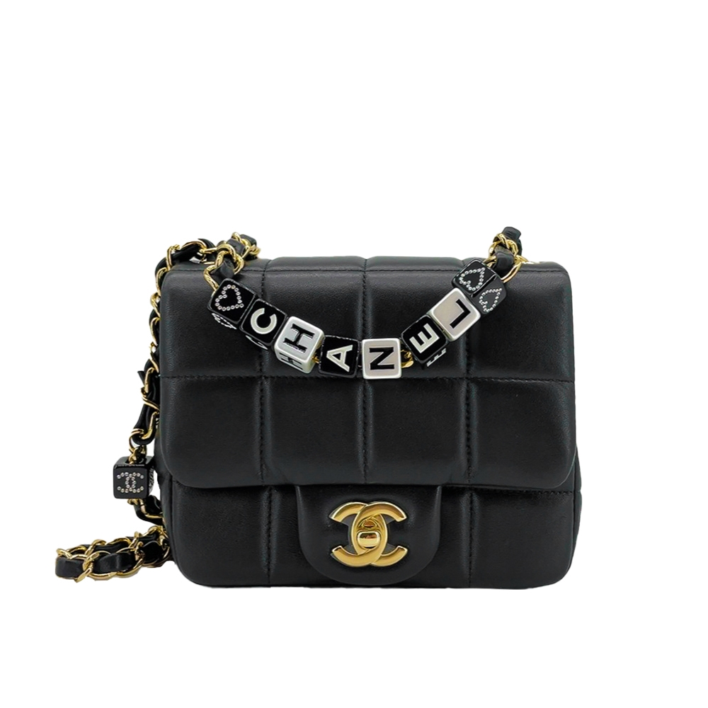 Chanel 金雙C羊皮黑白方塊鏈帶斜背包(AS3744-黑) | 斜背包/鍊帶