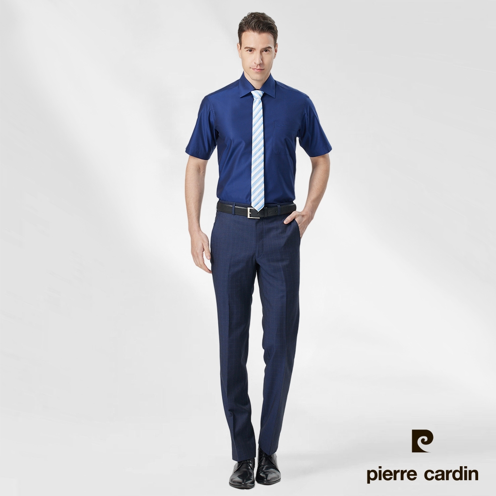 pierre cardin 皮爾卡登男襯衫高紗支綿柔透氣素色短袖襯衫_深藍