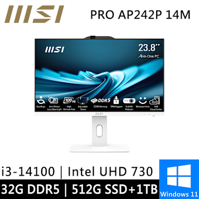 MSI微星 微星 PRO AP242P 14M-625TW-SP4 24型 白(i3-14100/32G/512G+1TB/W11)特仕版
